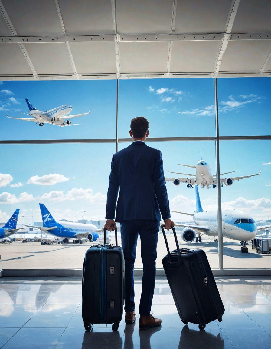 A traveler confidently standing in an airport terminal, holding a travel insurance policy document in one hand and a suitcase in the other. In the background, airplanes are taking off and landing, symbolizing adventure. Include a protective shield graphic surrounding the traveler, representing safety and security. Bright blue skies visible through large terminal windows. super-realistic. vibrant colors. clean white background.