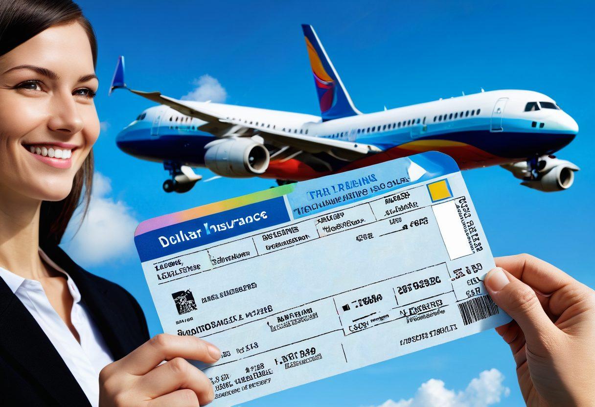 A split image showcasing an airline passenger holding a flight ticket on one side, while on the other side, a person examining a flight insurance policy under a magnifying glass. In the background, an airplane soaring through a clear blue sky juxtaposes with dollar signs and legal documents, symbolizing liability. The overall scene is engaging and informative. vibrant colors. clean and modern design.