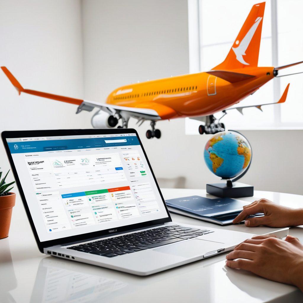 A thoughtful traveler examining various jet travel insurance options spread out on a sleek modern table, with an open laptop displaying comparison charts, a globe and travel essentials such as a passport and airplane tickets in the background. Vibrant colors, highlighting the complexity of choices with icons for protection, safety, and freedom. super-realistic. vibrant colors. white background.